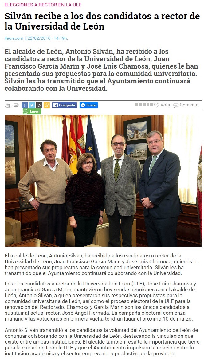 Silván recibe a los dos candidatos a rector de la ULE